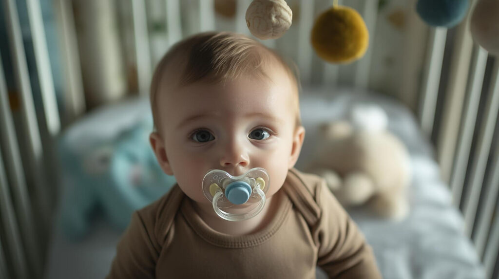 bébé dans son lit avec sa tétine de sevrage