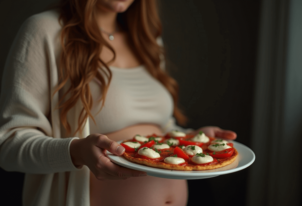 femme enceinte qui tient de la mozzarella